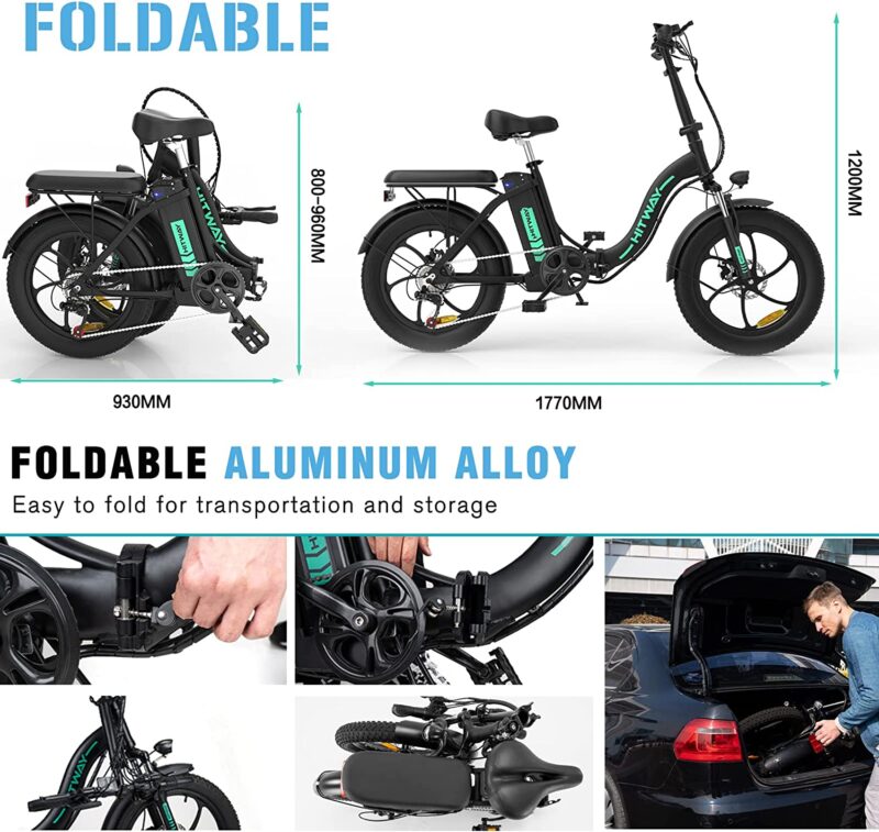 HITWAY Vélo Électrique 20" VTT Fat Bike Electrique Adulte Pliable-Batterie 36V/11.2Ah Moteur 250W-Max.Portée 35-90km-Shimano 7 Vitesses – Image 4