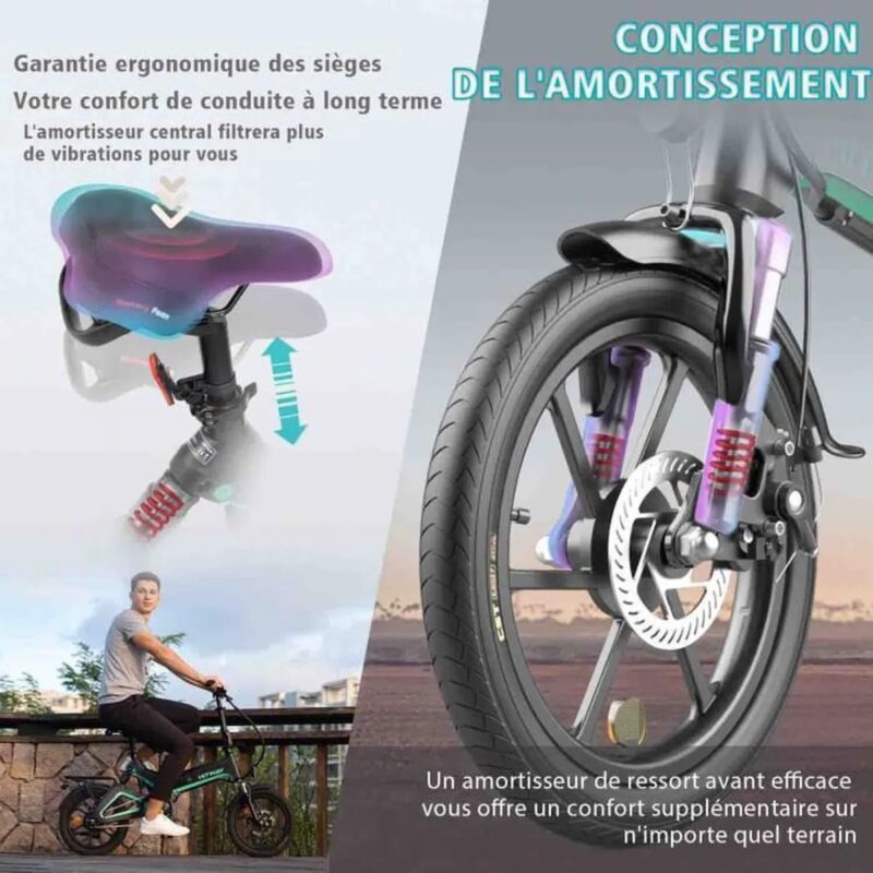 HITWAY Vélos électriques, Alliage de magnésium Pliable de 16” à Hauteur réglable Portable - Freins à Double Disque E-Bike Noir – Image 3